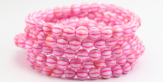 Melon Round Pressed Glass Beads With Stripes, 7324 Pink Lined (07324-46470), Glass, Czech Republic