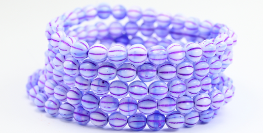 Melon Round Pressed Glass Beads With Stripes, 7324 Purple Lined (07324-46420), Glass, Czech Republic