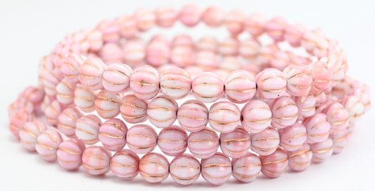 Melon Round Pressed Glass Beads With Stripes, 7324 Copper Lined (07324-54200), Glass, Czech Republic