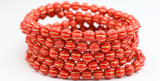 Melon Round Pressed Glass Beads With Stripes, Opaque Red Gold Lined (93200-54202), Glass, Czech Republic