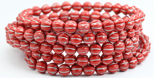 Melon Round Pressed Glass Beads With Stripes, Opaque Red Silver Lined (93200-54201), Glass, Czech Republic