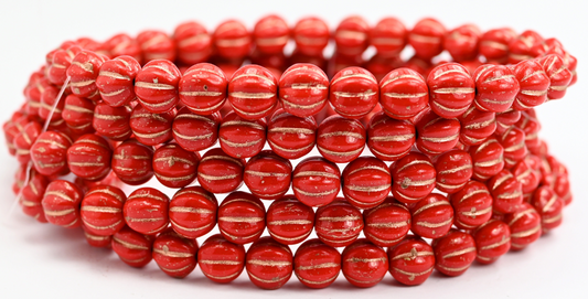 Melon Round Pressed Glass Beads With Stripes, Opaque Red Copper Lined (93200-54200), Glass, Czech Republic