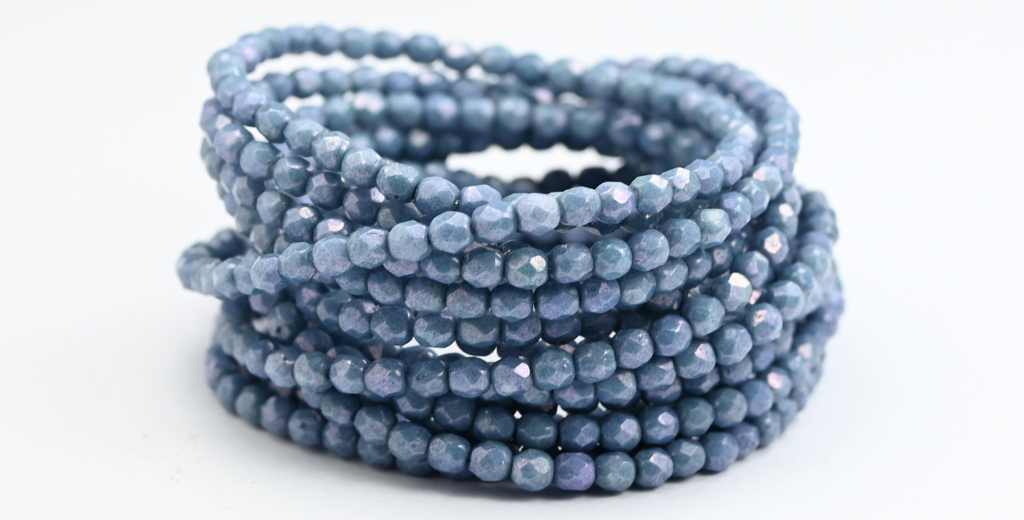 Fire Polished Round Faceted Beads, White Luster Blue Full Coated (02010-14464), Glass, Czech Republic