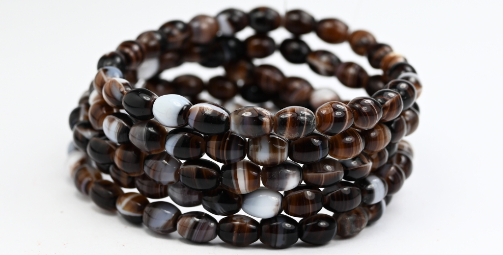 Olive Oval Pressed Glass Beads, Brown White Stripes (15016), Glass, Czech Republic