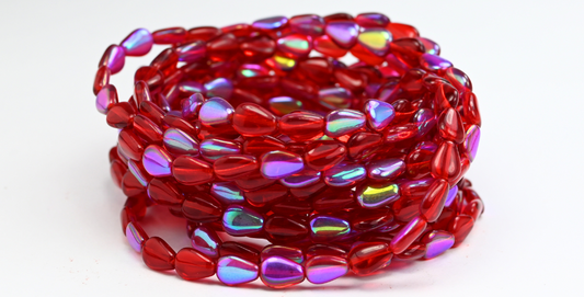 Flat Teardrop Pressed Beads, Ruby Red Ab (90080-AB), Glass, Czech Republic