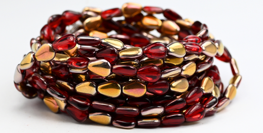 Flat Teardrop Pressed Beads, Ruby Red Rose Gold Capri (90080-27101), Glass, Czech Republic