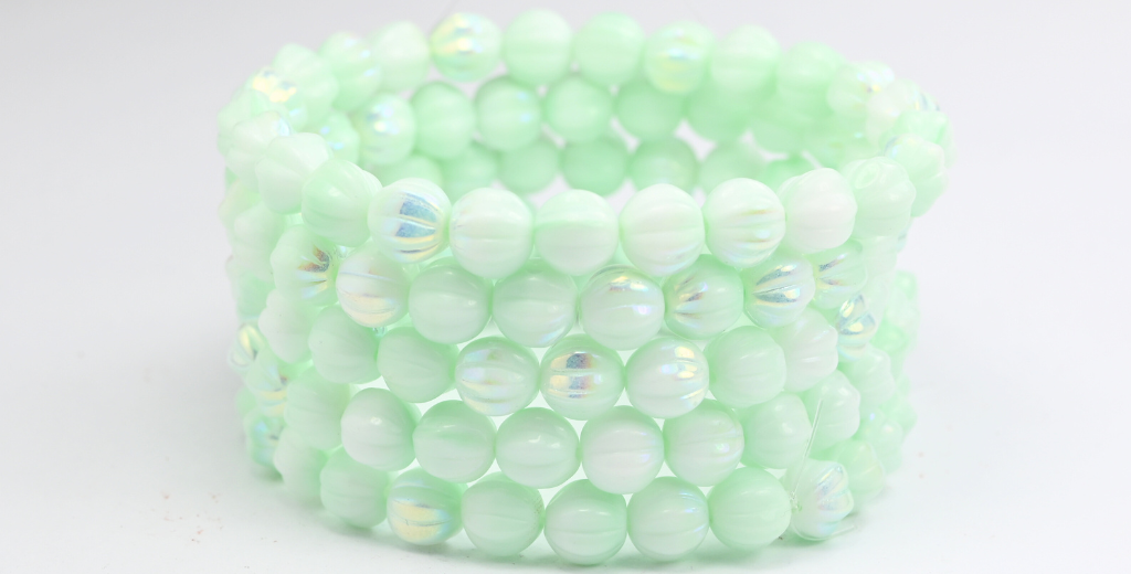 Melon Round Pressed Glass Beads With Stripes, Light Green Ab (07524-AB), Glass, Czech Republic