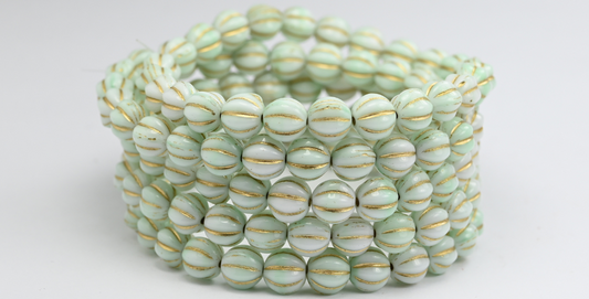 Melon Round Pressed Glass Beads With Stripes, Light Green Gold Lined (07524-54202), Glass, Czech Republic