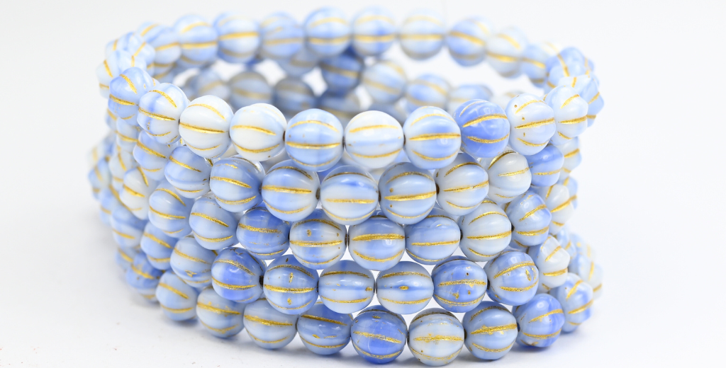 Melon Round Pressed Glass Beads With Stripes, 7324 Gold Lined (07324-54202), Glass, Czech Republic