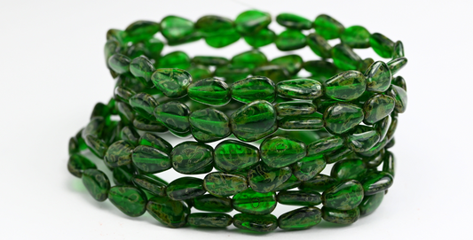 Flat Teardrop Pressed Beads, Transparent Green Travertin (50130-86800), Glass, Czech Republic