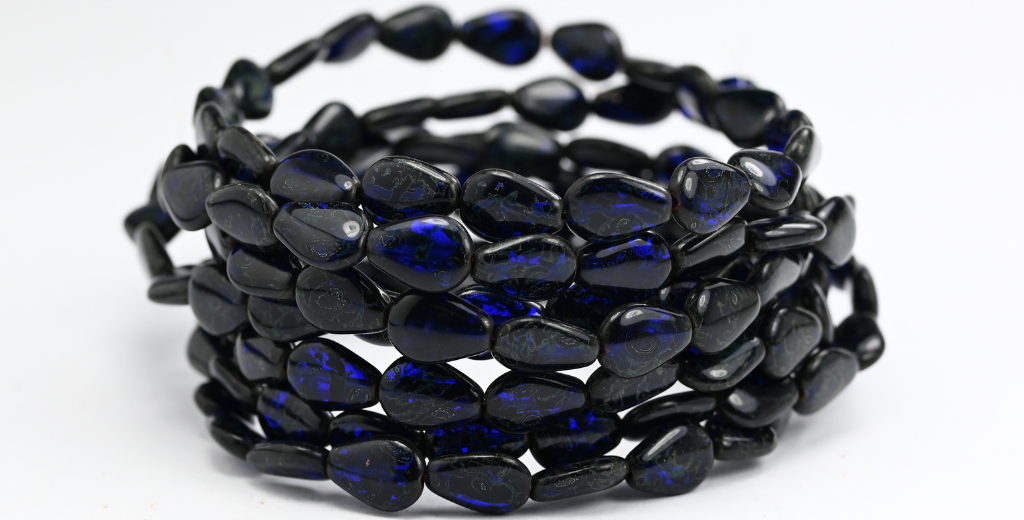 Flat Teardrop Pressed Beads, Transparent Blue Travertin (30090-86800), Glass, Czech Republic