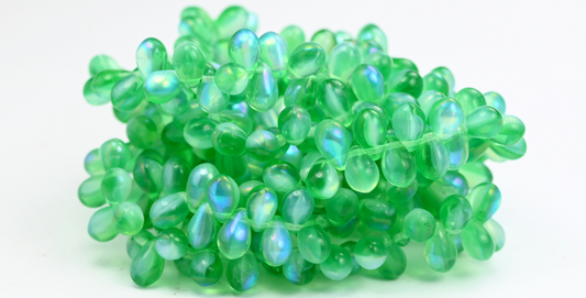 Pear Drop Pressed Glass Beads, Opal Green Ab (520101000-AB), Glass, Czech Republic