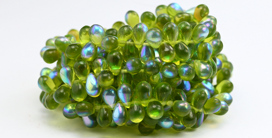 Pear Drop Pressed Glass Beads, Opal Green Ab (5101050220-AB), Glass, Czech Republic