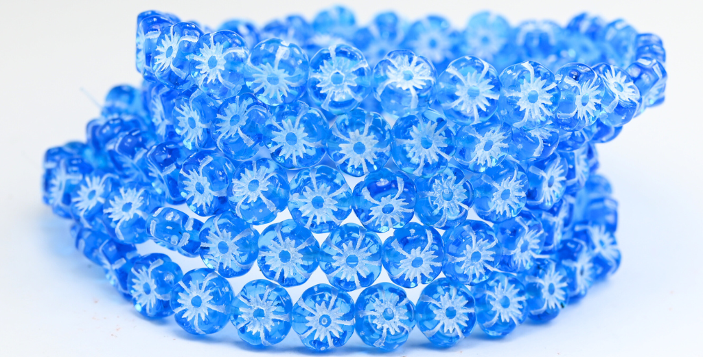 Hawaii Flower Pressed Glass Beads, Transparent Aqua White Lined (60020-46401), Glass, Czech Republic