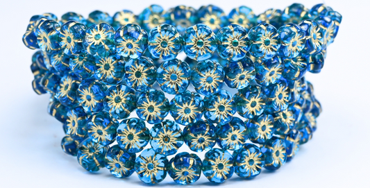 Hawaii Flower Pressed Glass Beads, Transparent Aqua Gold Lined (60020-54202), Glass, Czech Republic