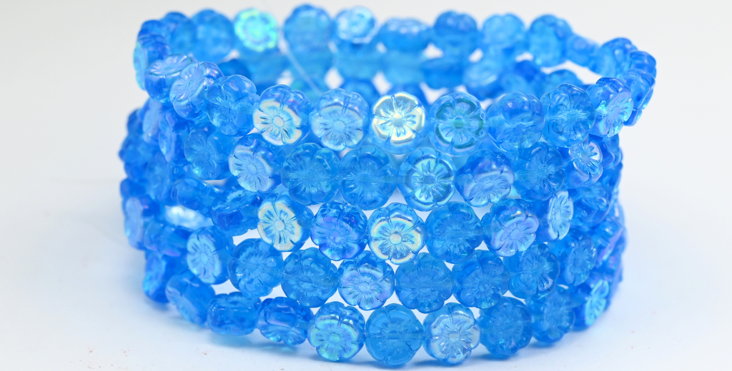 Hawaii Flower Pressed Glass Beads, Transparent Aqua Ab (60020-AB), Glass, Czech Republic