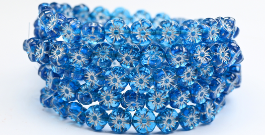 Hawaii Flower Pressed Glass Beads, Transparent Aqua Silver Lined (60020-54201), Glass, Czech Republic