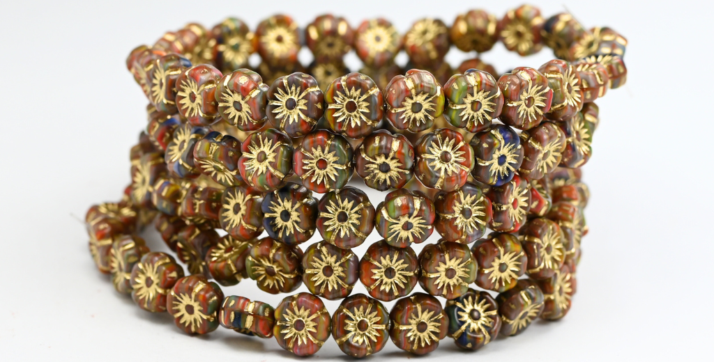 Hawaii Flower Pressed Glass Beads, Mixed Colors Color Gold Lined (MIX-COLOR-54202), Glass, Czech Republic