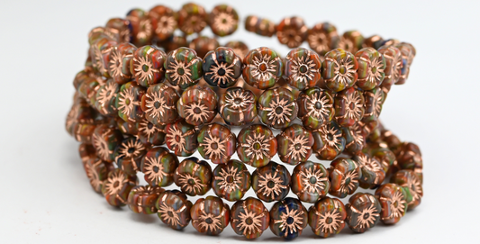 Hawaii Flower Pressed Glass Beads, Mixed Colors Color Copper Lined (MIX-COLOR-54200), Glass, Czech Republic