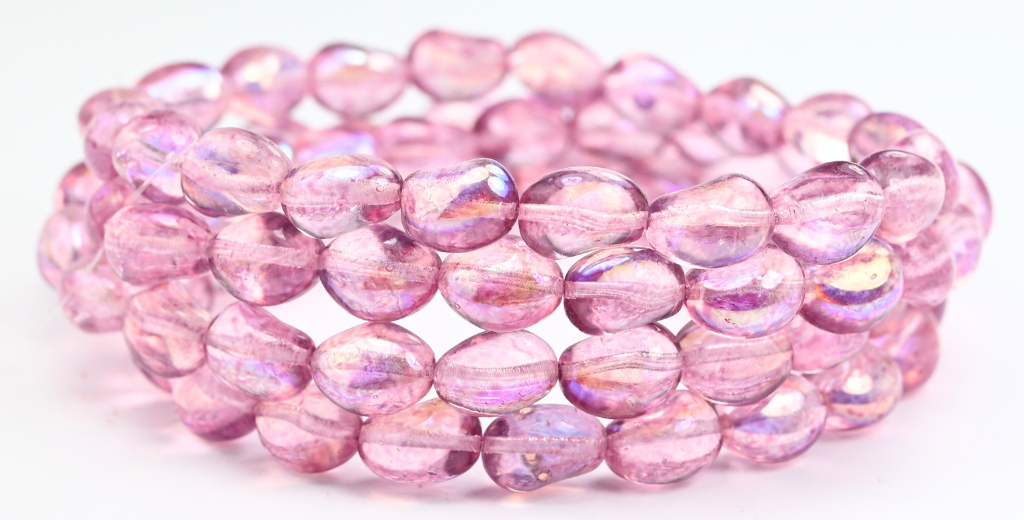 Semi Oval Olive Beads, Crystal Light Fuchsia Pink Ab (00030-34306-AB), Glass, Czech Republic