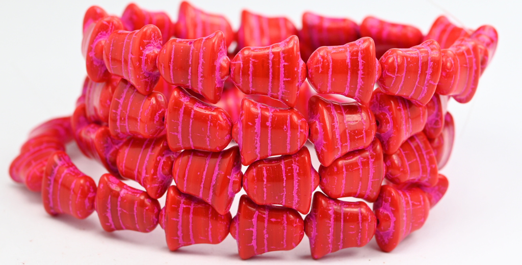 Flat Bell Beads, Opaque Red Pink Lined (93200-46470), Glass, Czech Republic