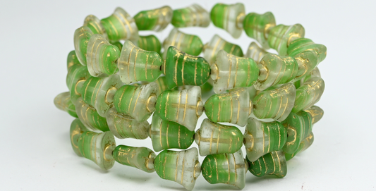 Flat Bell Beads, Opaque Green Gold Lined (56018FM-54202), Glass, Czech Republic