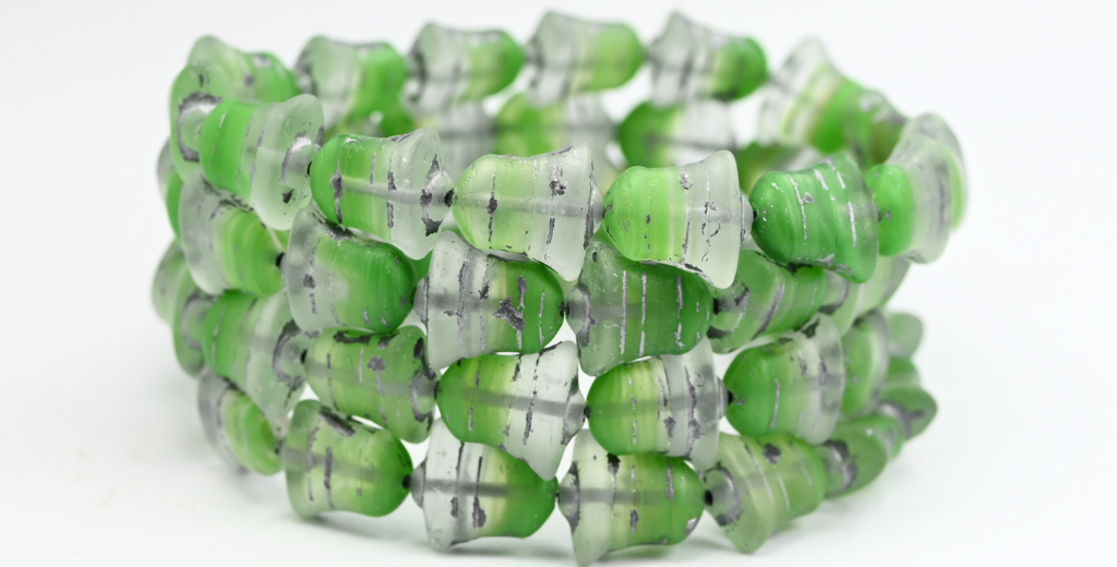 Flat Bell Beads, Opaque Green Silver Lined (56018FM-54201), Glass, Czech Republic