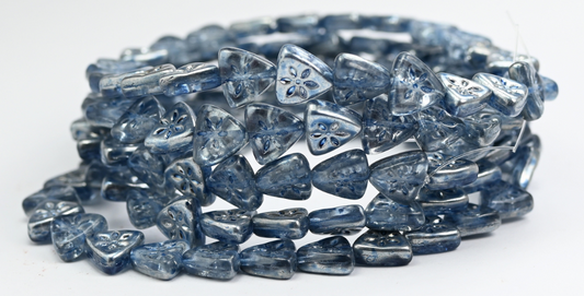 Triangle Flat Wit Flower Pressed Glass Beads, Crystal Crystal Silver Half Coating Light Blue (00030-27001-34307), Glass, Czech Republic