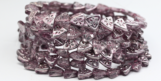 Triangle Flat Wit Flower Pressed Glass Beads, Crystal Crystal Silver Half Coating Light Fuchsia Pink (00030-27001-34306), Glass, Czech Republic