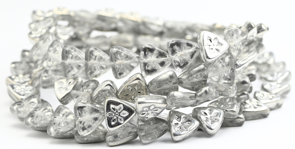 トライアングルフラットウィットフラワープレスガラスビーズ、クリスタルクリスタルシルバーハーフコーティング（00030-27001）、ガラス、チェコ共和国