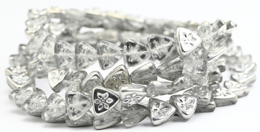 トライアングルフラットウィットフラワープレスガラスビーズ、クリスタルクリスタルシルバーハーフコーティング（00030-27001）、ガラス、チェコ共和国