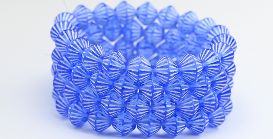 Lantern Bicone Pressed Glass Beads, Transparent Blue White Lined (30030-46401), Glass, Czech Republic