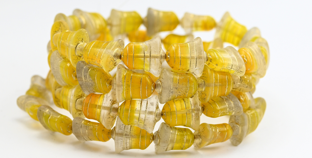 Flat Bell Beads, Mixed Colors Yellow Gold Lined (MIX-YELLOW-54202), Glass, Czech Republic
