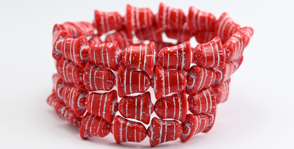 フラットベルビーズ、不透明赤白ライン入り（93200-46401）、ガラス、チェコ共和国