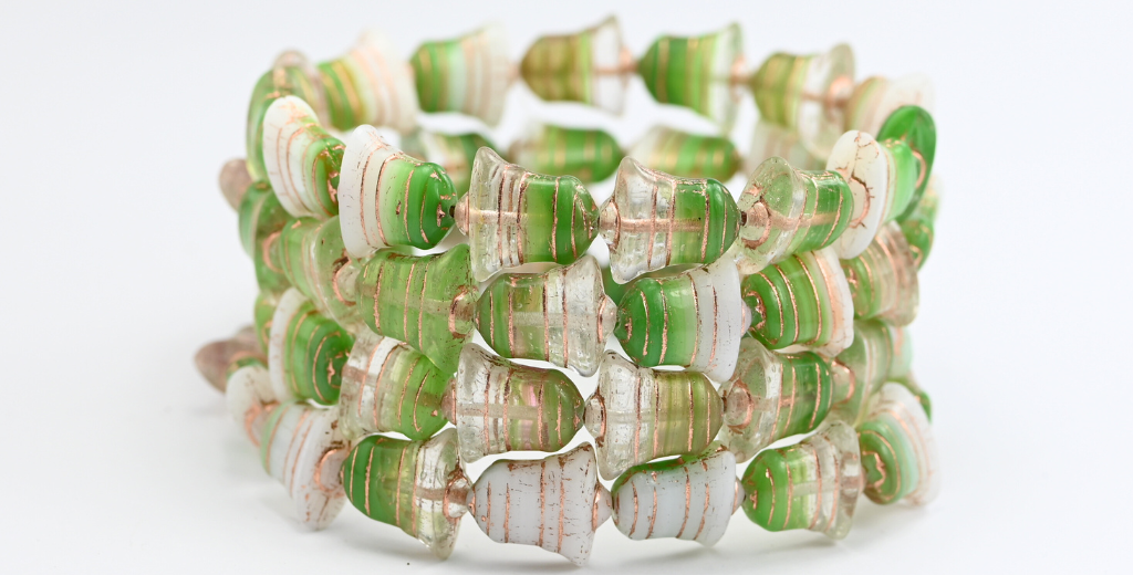 Flat Bell Beads, Green Mixed Colors Copper Lined (GREEN-MIX-54200), Glass, Czech Republic