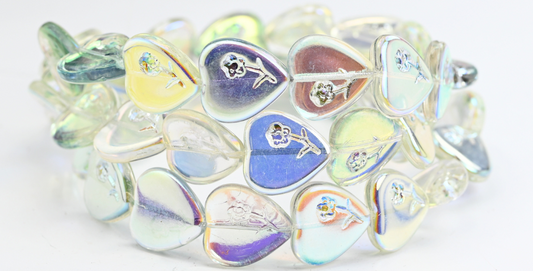 ハート型押しガラスビーズ（花付き）、クリスタルB Ab（00030-B-AB）、ガラス、チェコ共和国