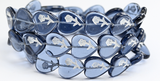 心形压花玻璃珠，浅蓝色白色内衬（30310-46401），玻璃材质，捷克共和国 ~ 串珠