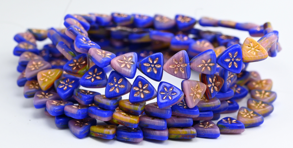 Triangle Flat Wit Flower Pressed Glass Beads, Mixed Colors 1 Copper Lined (MIX-1-54200), Glass, Czech Republic