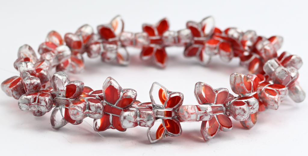 OUTLET 5 grams Table Cut Butterfly Beads, 20 x 12 mm, Red Silver Splash (96028-86700), Glass, Czech Republic