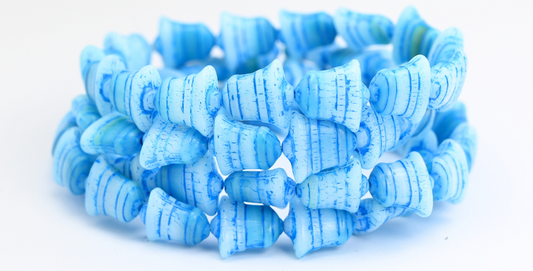 Flat Bell Beads, Mixed Colors Blue Light Blue Lined (MIX-BLUE-46460), Glass, Czech Republic