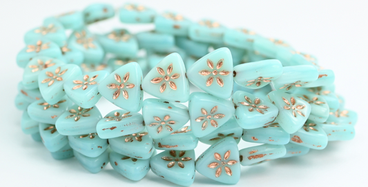 Triangle Flat Wit Flower Pressed Glass Beads, Opal Aqua Copper Lined (61100MT-54200), Glass, Czech Republic