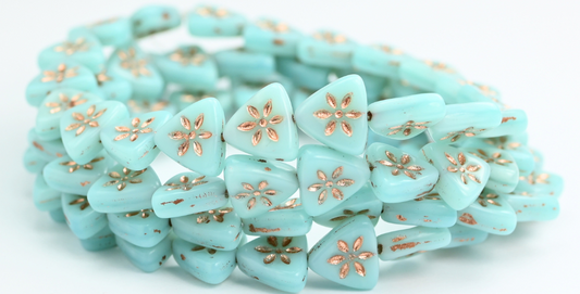 OUTLET 10 grams Triangle Flat Wit Flower Pressed Glass Beads, 10 x 10 mm, Opal Aqua Copper Lined (61100-54200), Glass, Czech Republic