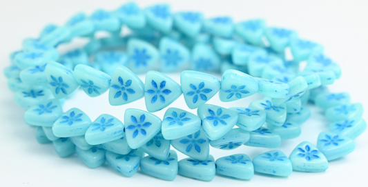 Triangle Flat Wit Flower Pressed Glass Beads, Opal Aqua Light Blue Lined (61100MT-46460), Glass, Czech Republic