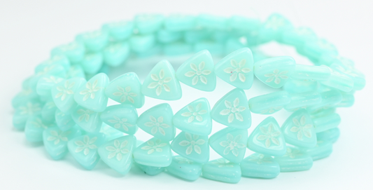 Triangle Flat Wit Flower Pressed Glass Beads, Opal Aqua White Lined (61100MT-46401), Glass, Czech Republic