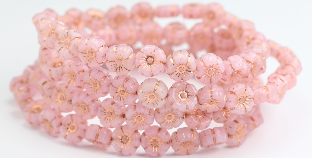 Hawaii Flower Pressed Glass Beads, Opal Pink Copper Lined (71000MT-54200), Glass, Czech Republic