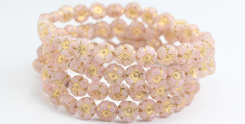 Hawaii Flower Pressed Glass Beads, Opal Pink Gold Lined (71000MT-54202), Glass, Czech Republic