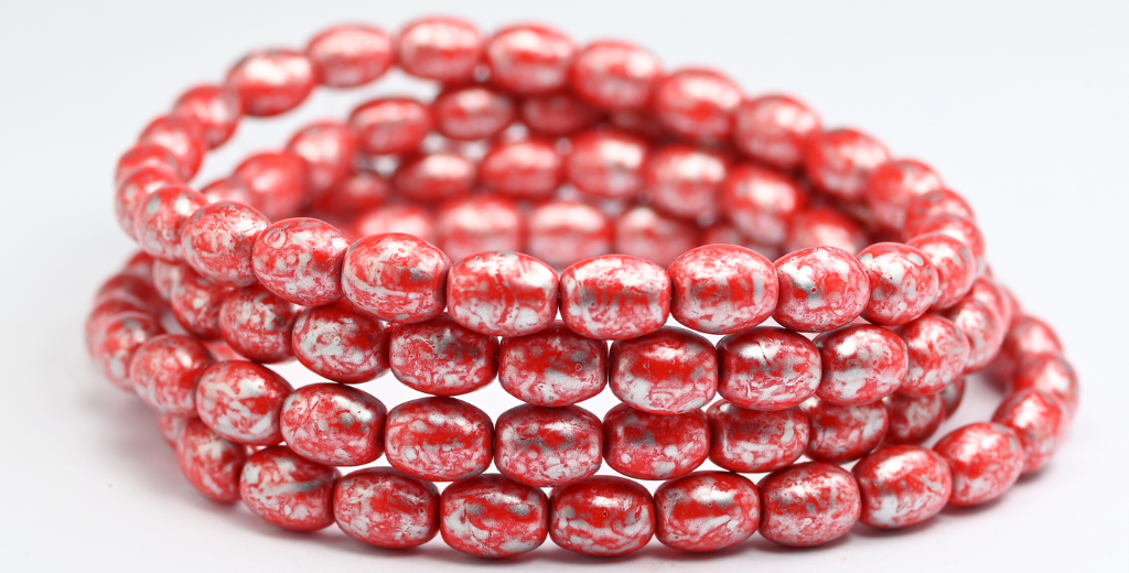 Olive Oval Pressed Glass Beads, Opaque Red Silver Splash (93200-86700), Glass, Czech Republic