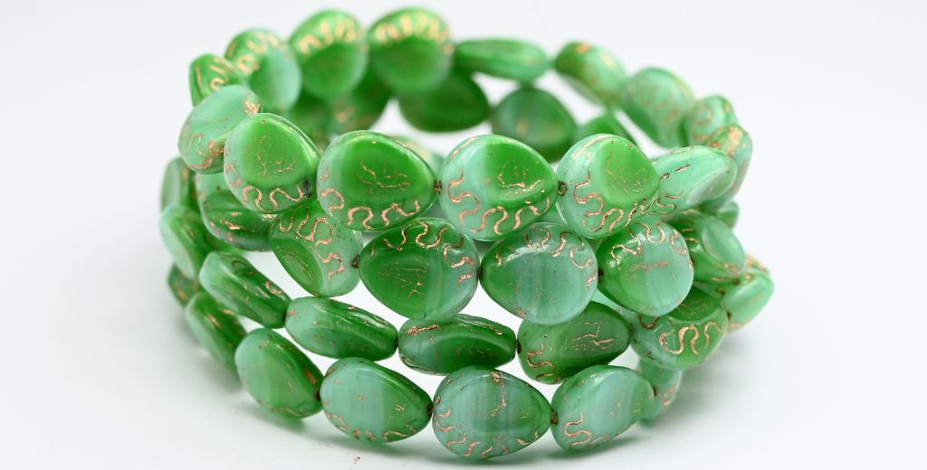 Tear Oval Pressed Glass Beads, Mixed Colors Green Gold Lined (MIX-GREEN-54202), Glass, Czech Republic