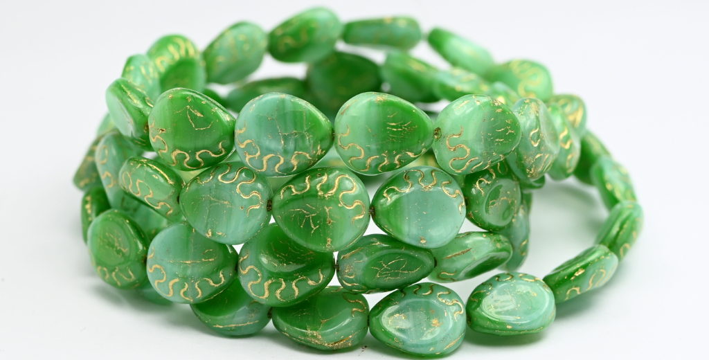 Tear Oval Pressed Glass Beads, Mixed Colors Green Copper Lined (MIX-GREEN-54200), Glass, Czech Republic