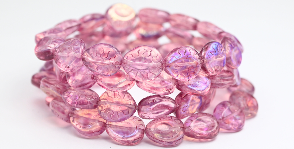 Tear Oval Pressed Glass Beads, Crystal Light Fuchsia Pink Ab (00030-34306-AB), Glass, Czech Republic